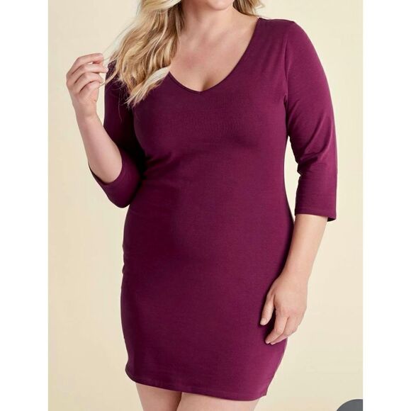Venus Burgundy Long & Learn Deep V Neck Mini T-shirt Dress 1X Plus Size Casual - Picture 5 of 8